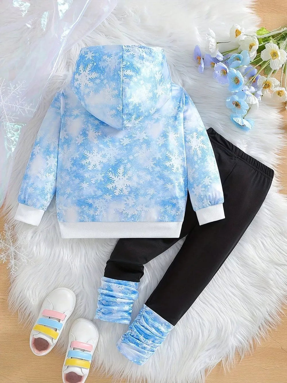 Children's Snowflake Hoodie And Leggings Set in Light Blue, fabric detail