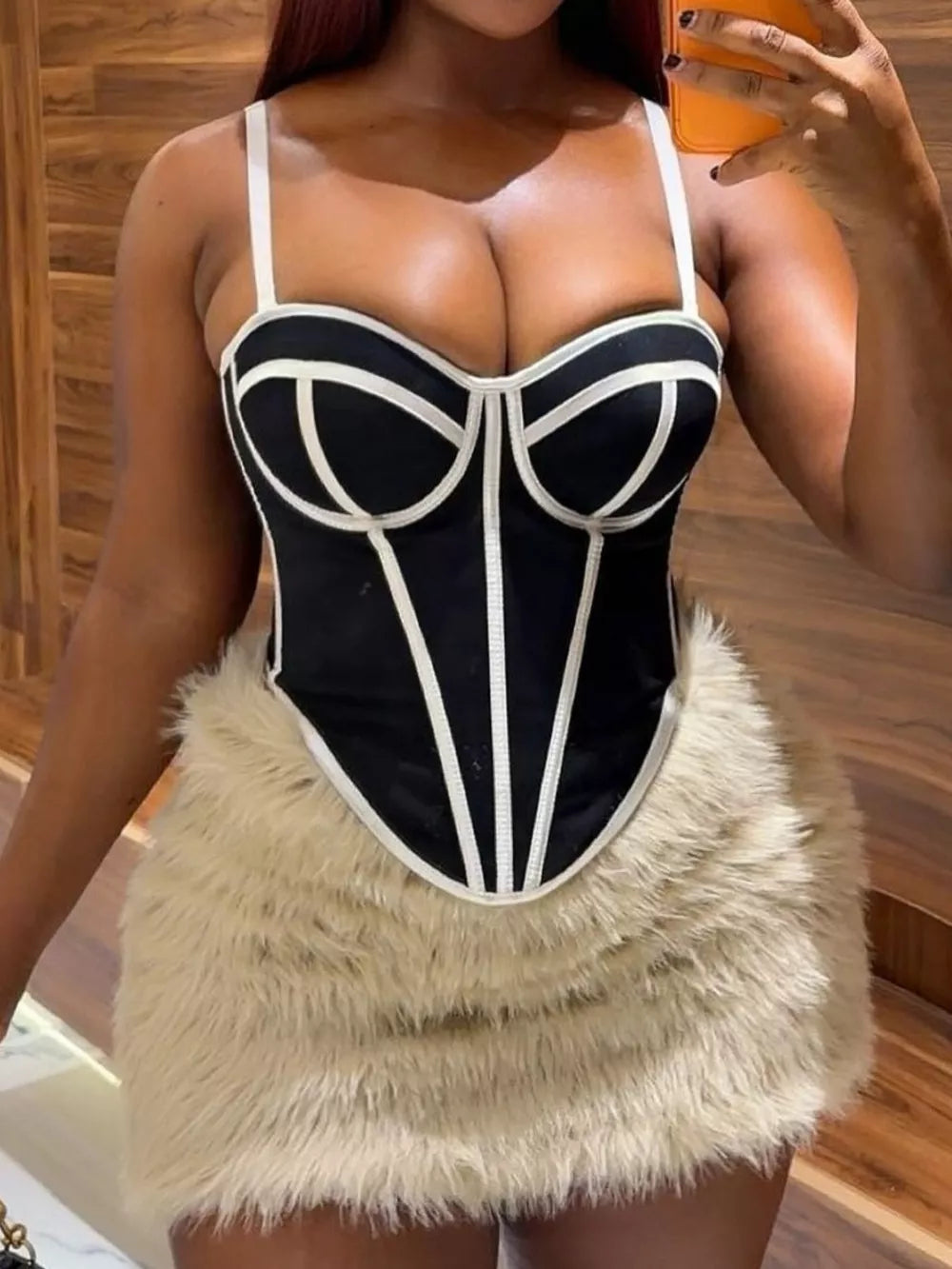 Corset Cami With Contrasting Trim in Black And White Strips, back view