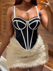 Corset Cami With Contrasting Trim in Black And White Strips, back view