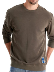 Army green crewneck sweatshirt with ribbed cuffs and hem, featuring a subtle patch detail.
