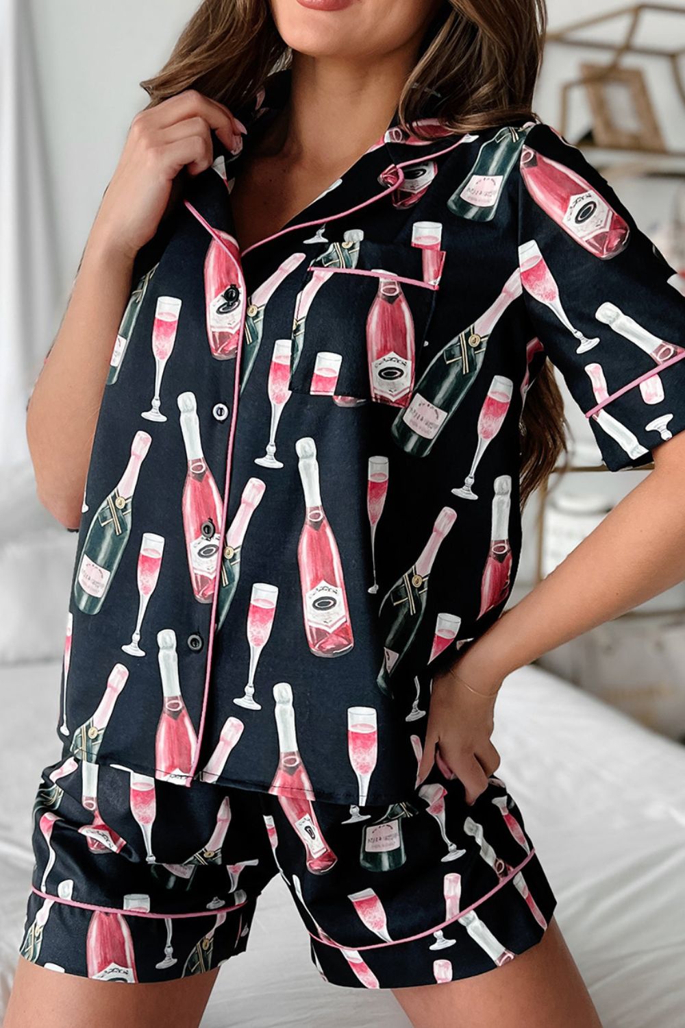 Black silk pajama set with champagne print and pink piping