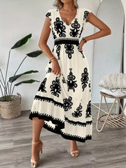 Ruffled Printed V-neck Maxi Dress in Dark Navy, side view