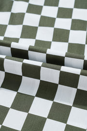 Olive checkered button-down shirt with a breathable fabric.