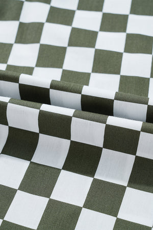Olive checkered button-down shirt with a breathable fabric.