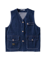 Plus-size navy denim vest with V-neck, button-up front, and four pockets.