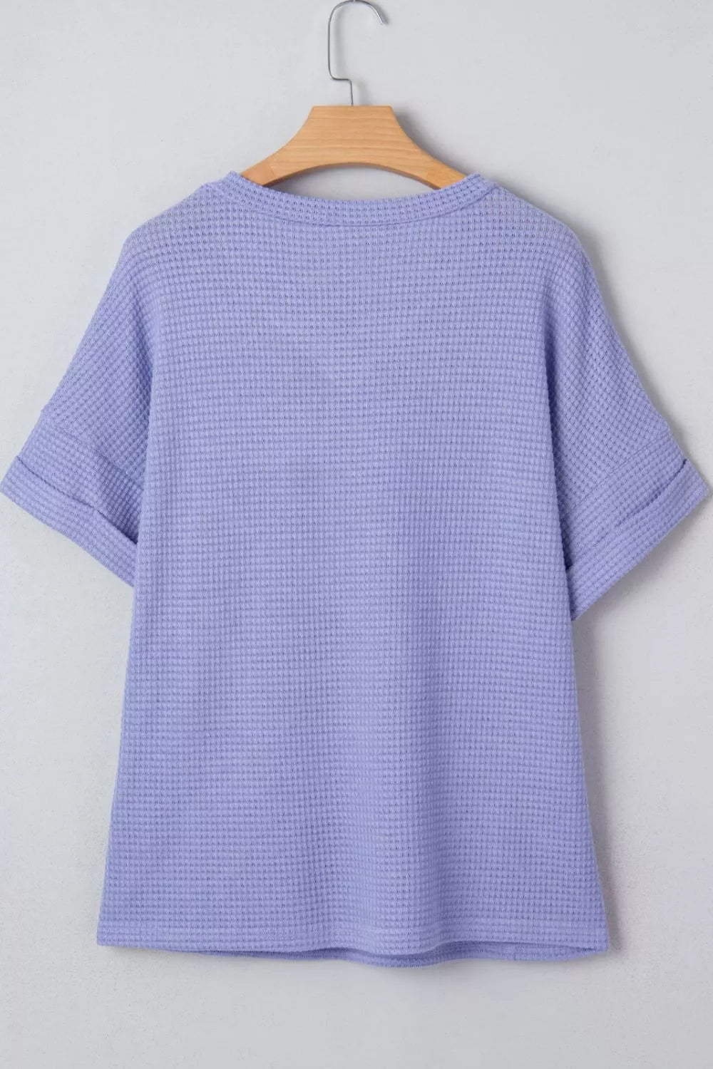 Relaxed V-neck waffle knit t-shirt in Blue Purple with cuffed short sleeves.