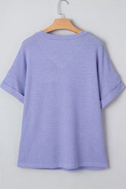 Relaxed V-neck waffle knit t-shirt in Blue Purple with cuffed short sleeves.
