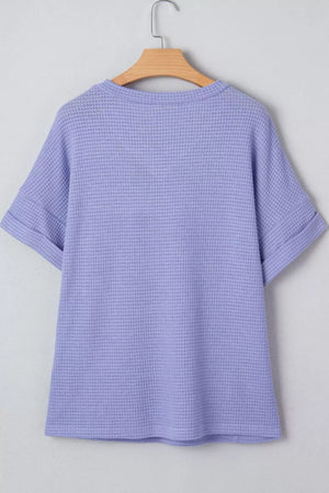 Relaxed V-neck waffle knit t-shirt in Blue Purple with cuffed short sleeves.