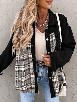 Panelled plaid denim hybrid jacket in black and brown plaid with button front.