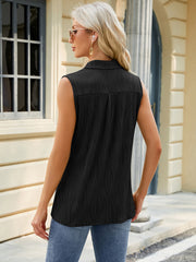 Black textured collared sleeveless blouse with vertical wavy pleats