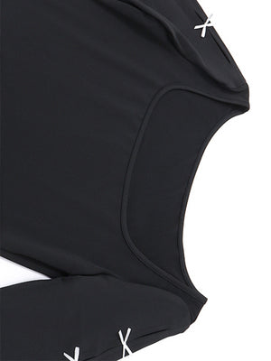 Black mini dress with bowknot detail on neckline and sleeves