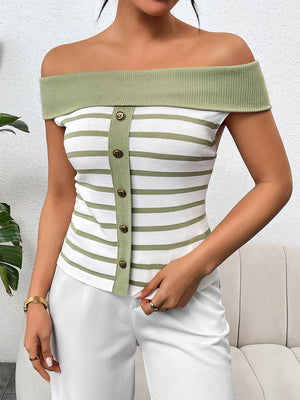 Off-shoulder button-down knit top with green and white stripes and gold buttons.