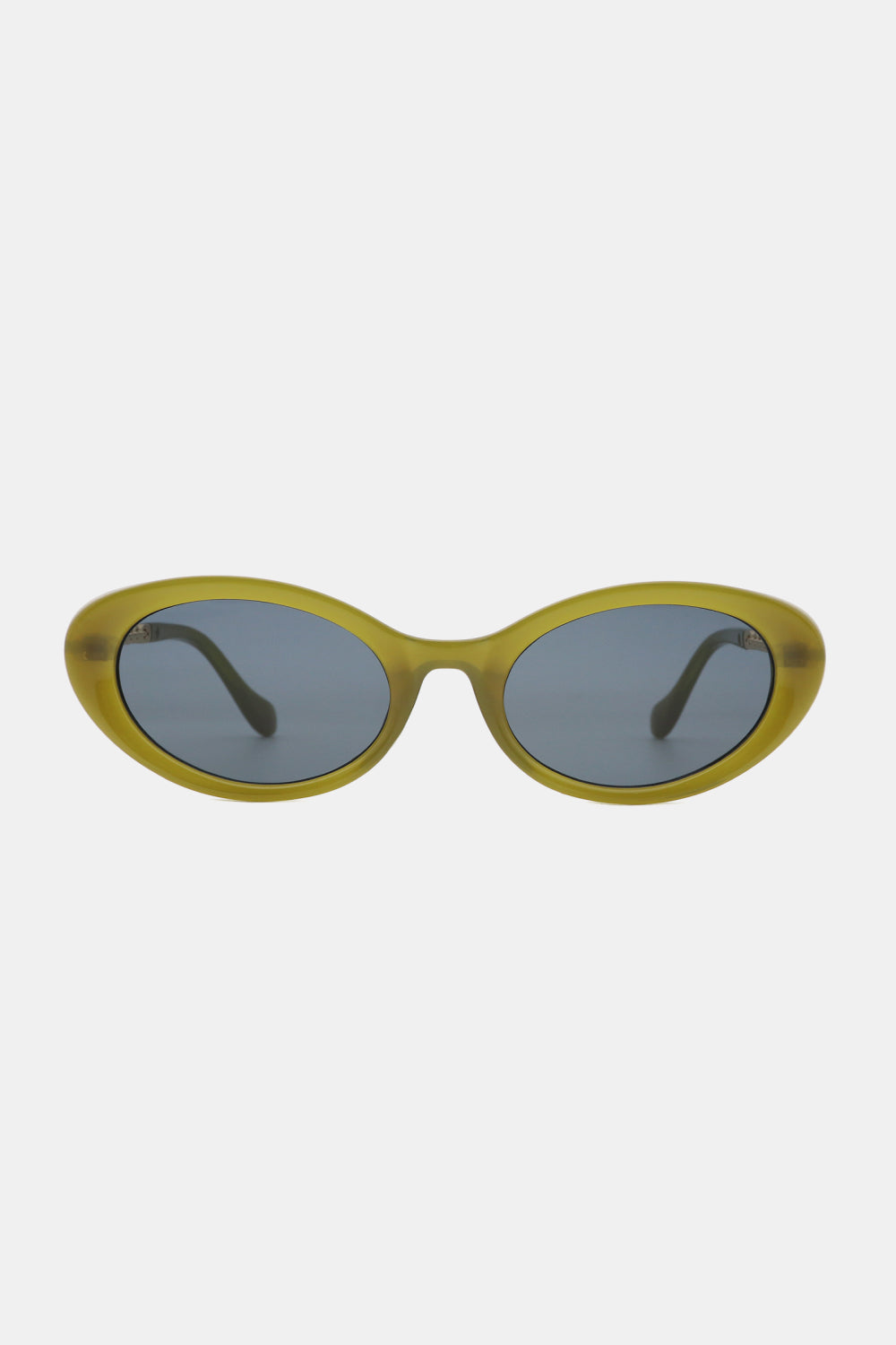 Olive oval sunglasses with dark lenses and subtle chain detail on arms.