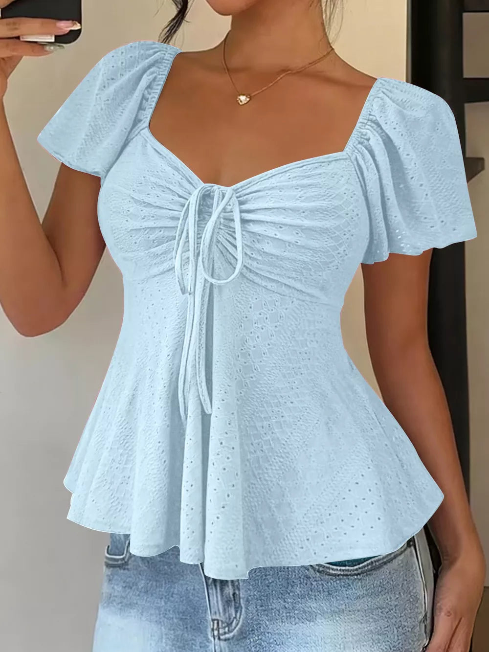Ruched Flutter Sleeve Peplum Top in Yellow, editorial view