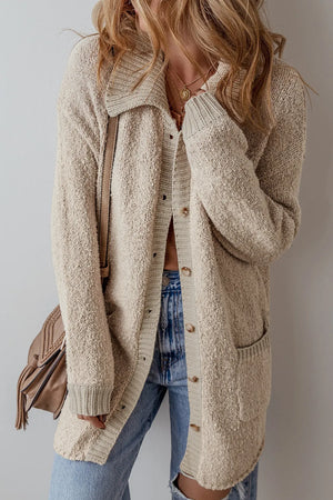 Textured knit collar cardigan in Dust Storm with button front and pockets