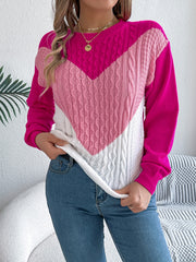 Chevron cable knit sweater with contrast pink and white colorblock, acrylic.