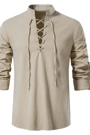 Khaki linen henley shirt with lace-up collar and long sleeves