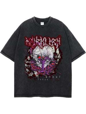 Black acid wash graphic tee with Tokyo Ghoul anime print and bold red lettering.