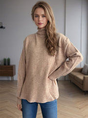 Camel ribbed hemline slit-side turtleneck knit sweater with long sleeves.