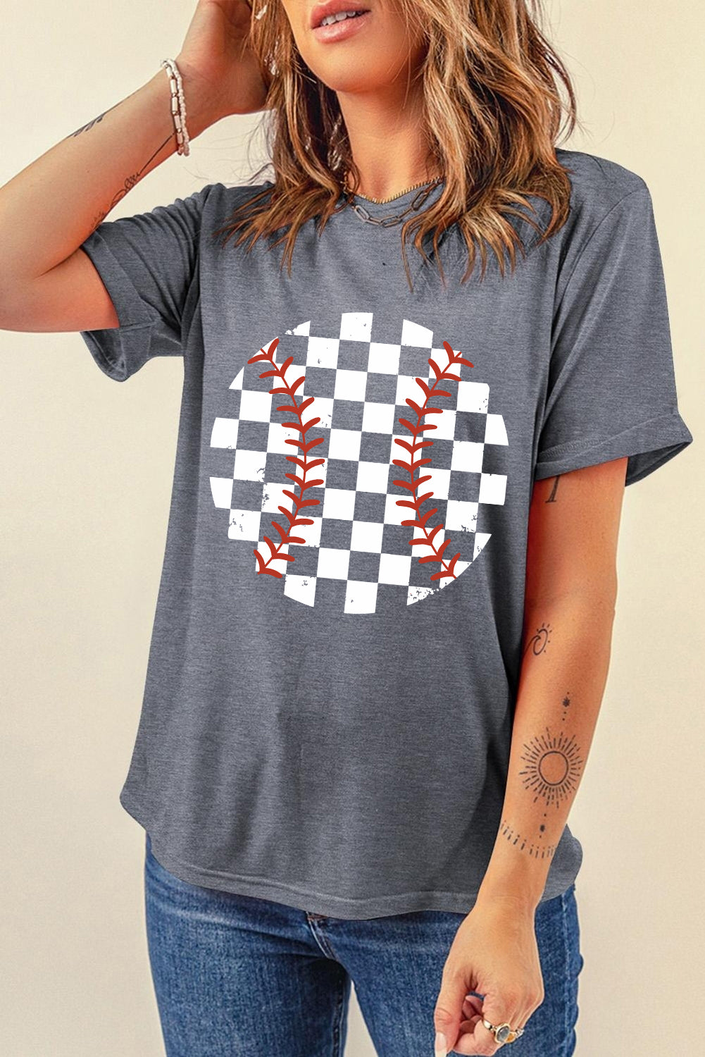 Dark gray t-shirt with a checkered baseball graphic.