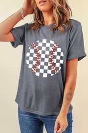 Dark gray t-shirt with a checkered baseball graphic.