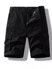 Black men's cargo shorts with button fly and multiple pockets.