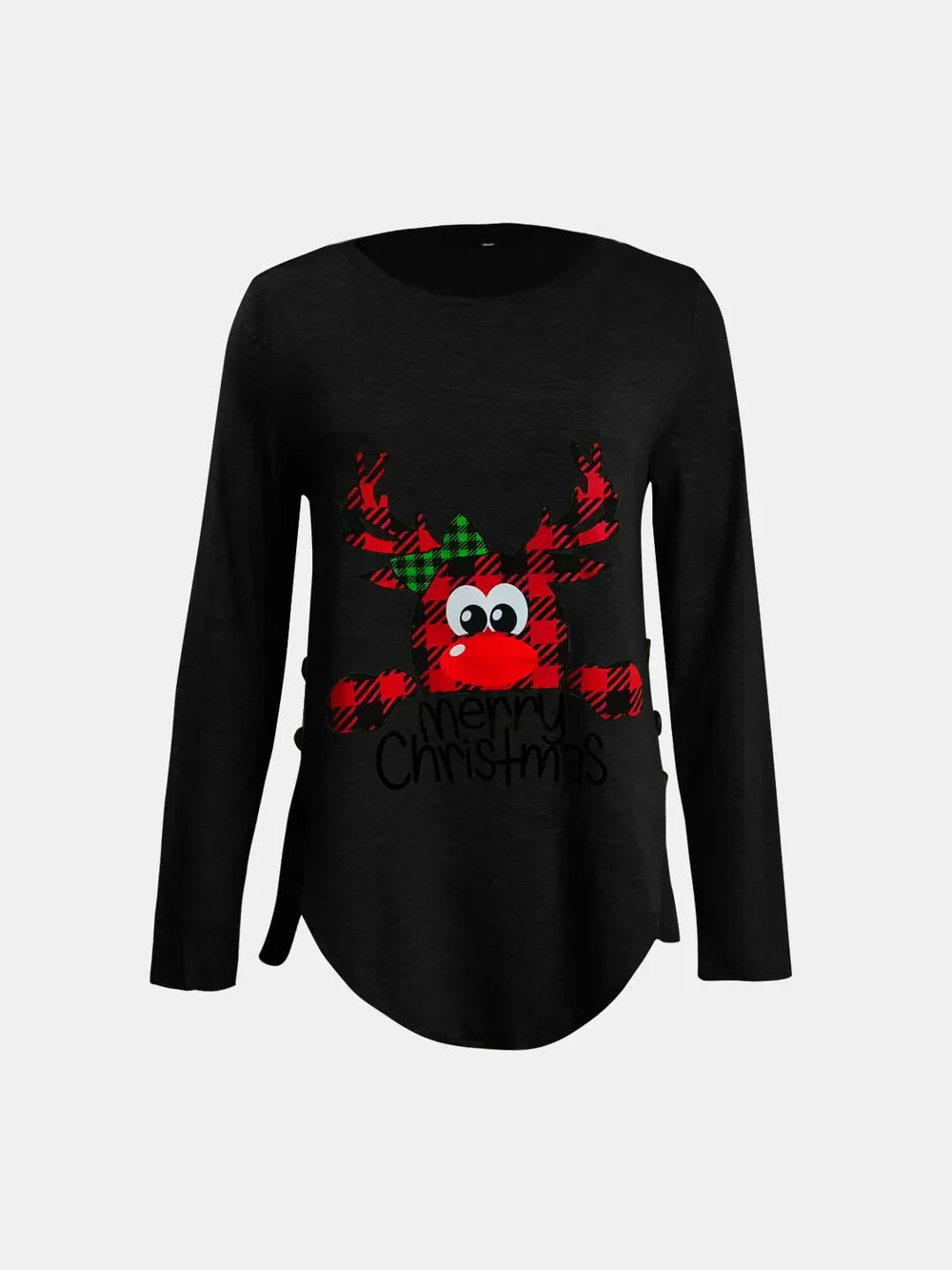 Black long sleeve tee with reindeer graphic and asymmetrical button detail
