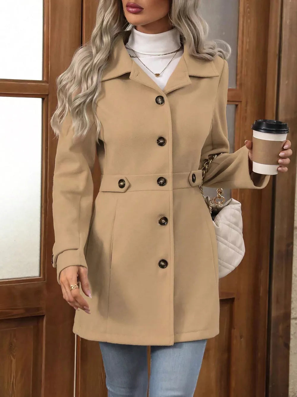 Camel button-up trench coat with cinched waist and button details.