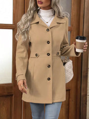 Camel button-up trench coat with cinched waist and button details.