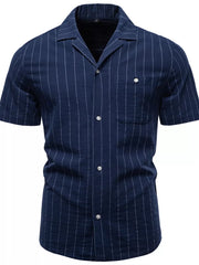 Navy striped short-sleeve cotton shirt with camp collar and chest pocket.