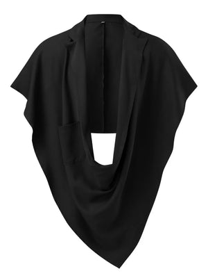 Black draped blazer cape with asymmetrical sculptural drape and pocket detail