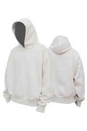 Light gray oversized hooded sweatshirt with drop shoulders and a relaxed fit.