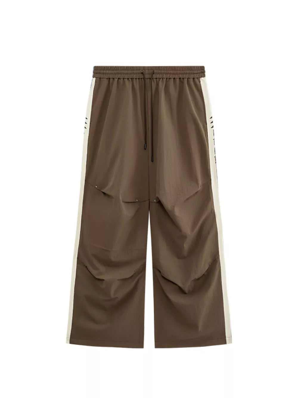 Brown relaxed fit sweatpants with cream side stripe and drawstring waist