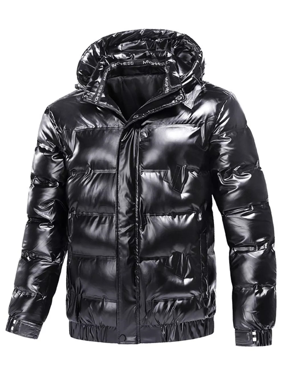 Black reflective hooded puffer coat for men with a shiny finish and elastic cuffs.