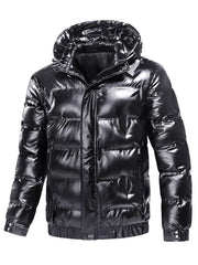 Black reflective hooded puffer coat for men with a shiny finish and elastic cuffs.