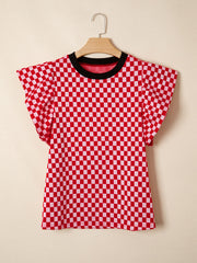 Red and white checkered print t-shirt with ruffle sleeves and black neckline.