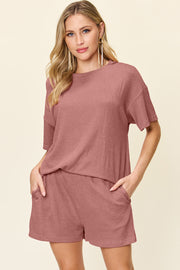 Light Mauve waffle knit outfit set with crew neck top and shorts.