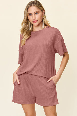 Light Mauve waffle knit outfit set with crew neck top and shorts.