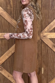 Geometric Embroidery Sleeveless Corduroy Shift Dress in Brown, side view