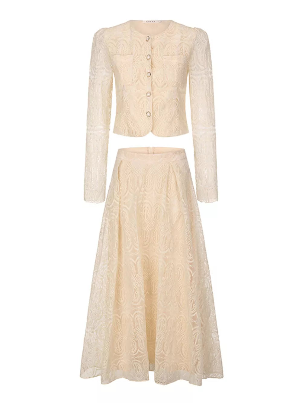 Apricot lace embroidered two-piece set with button-down crop jacket and a-line skirt.