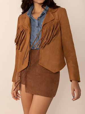 Caramel suede jacket with fringe detail and tie closure, collared, long sleeves.