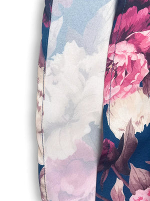 Ruffled floral two-piece set in French blue with pink and white peonies, polyester fabric.