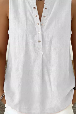 White sleeveless maternity shirt with snap-down placket and V-neck