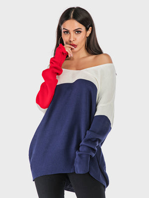 Colorblock off-shoulder knit sweater in dark blue, white, and red with a relaxed fit.