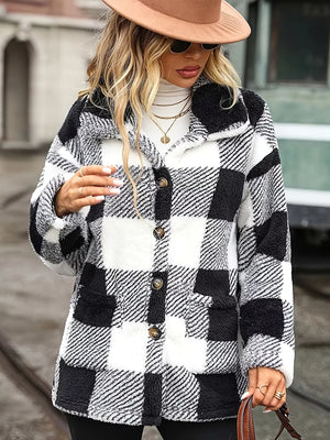 Cozy Sherpa trench coat with black and white plaid pattern, button-down front and classic collar.
