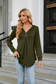 Army green hooded henley top with button detail and pleats