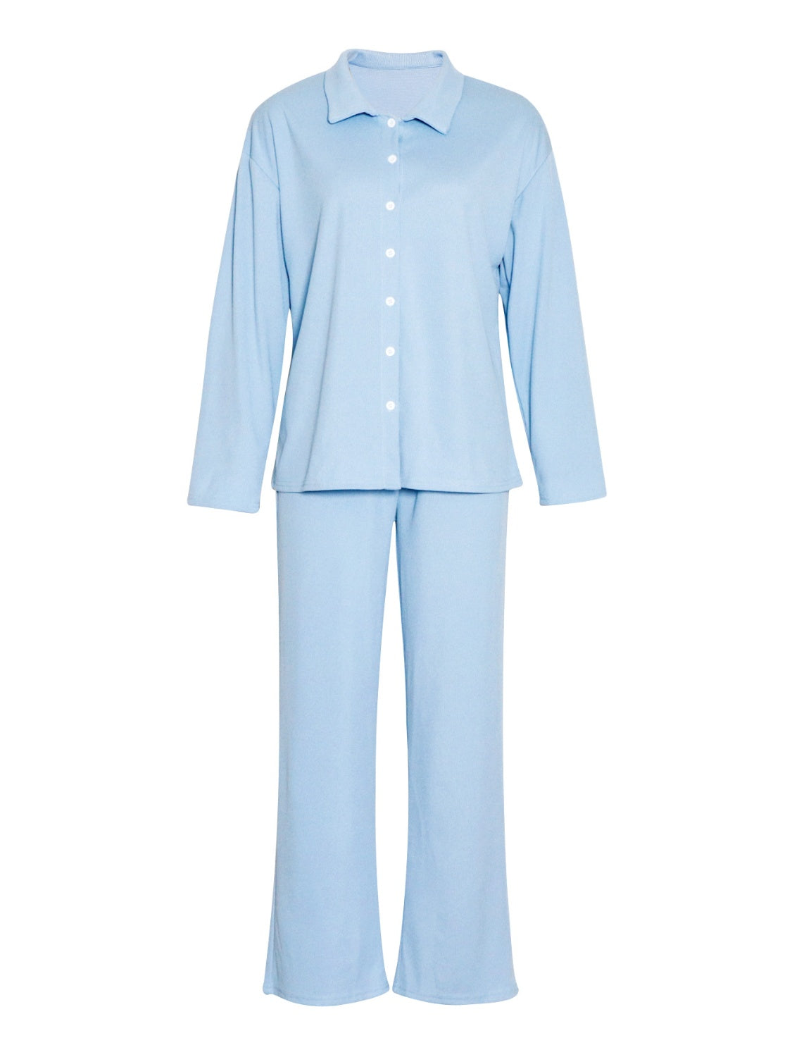 Light blue ribbed knit lounge set with button-up collared shirt and wide-leg pants.