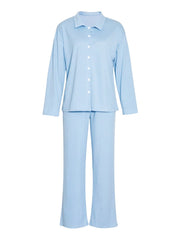 Light blue ribbed knit lounge set with button-up collared shirt and wide-leg pants.