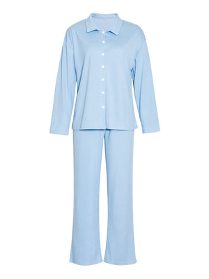 Light blue ribbed knit lounge set with button-up collared shirt and wide-leg pants.