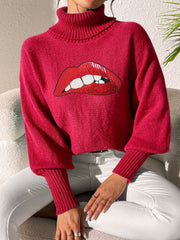 Sequin lip turtleneck sweater in deep red with balloon sleeves.